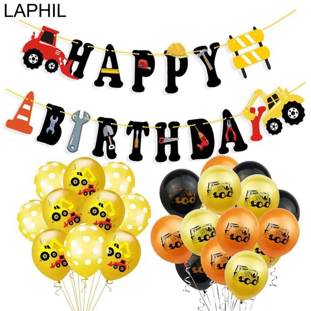 

LAPHIL Birthday Theme Party Construction Vehicle Latex Balloons Happy Birthday Banner Paper Bunting Party Decorationds Kids