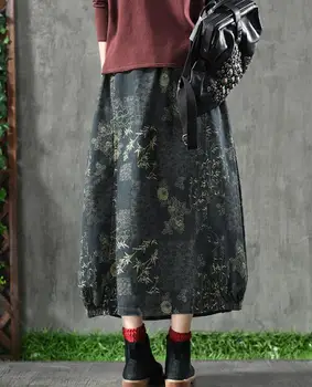 

new retro art print cotton denim skirt with pocket