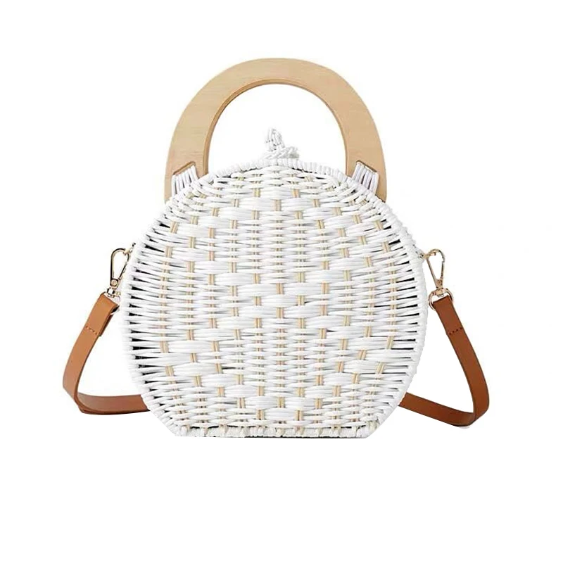 

Woman Fashion Wooden Handle Rattan Knit Bag White Straw Bag Shoulder Messenger Bag
