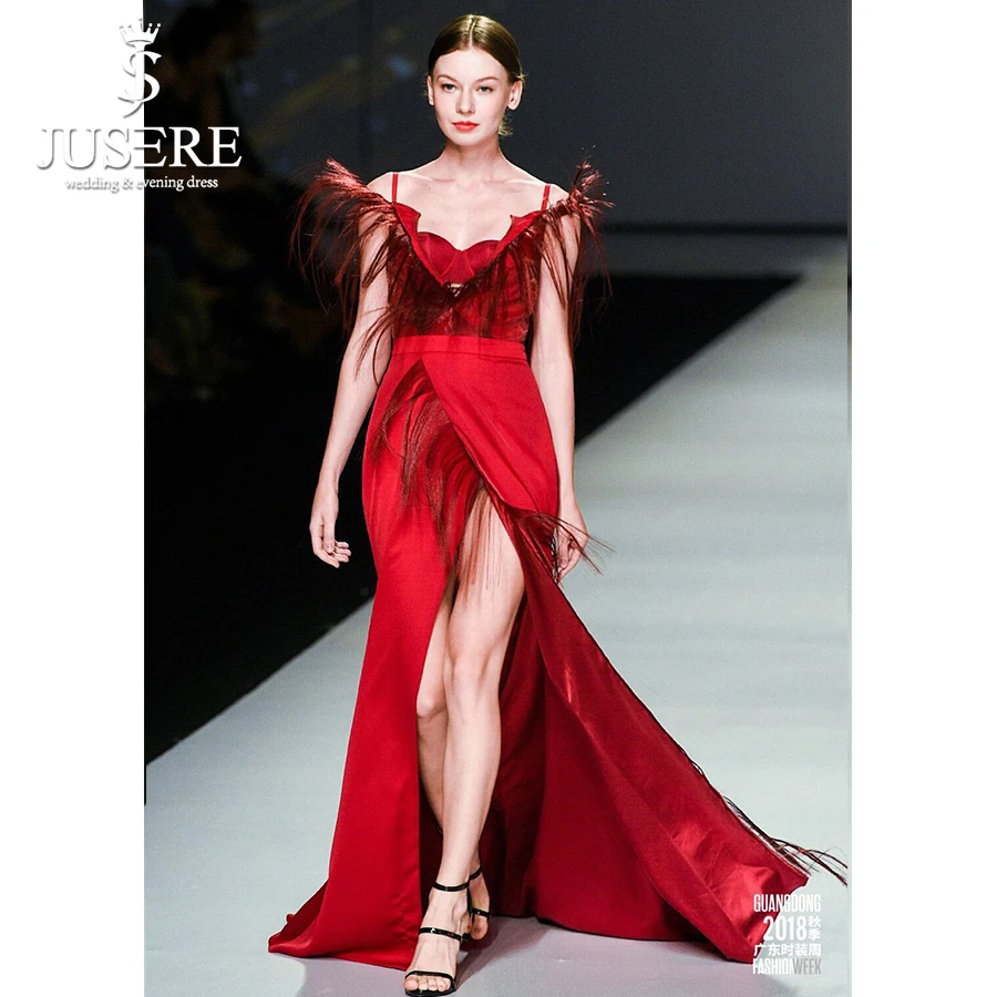 

Jusere Red Fashion High Split Mermaid Evening Dresses Feathers Decor Formal Dress Party Dress 2019 Real Pictures