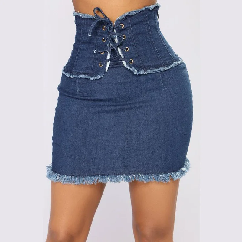 

2019 New Sexy Bandages Women Denim Mini Skirts High Waist Lace Up Jean Summer Pencil Skirts