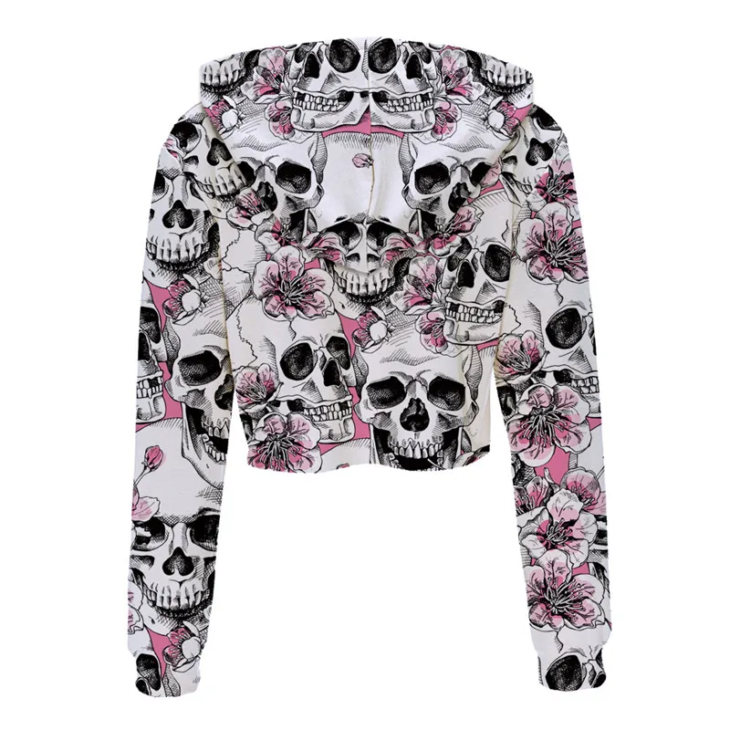 الزهور الجمجمة قلنسوة بطرف مشذب المرأة الربيع الخريف كم طويل بلوزات اقتصاص بلوفرات هوديس معاطف أزياء قصيرة هوديس