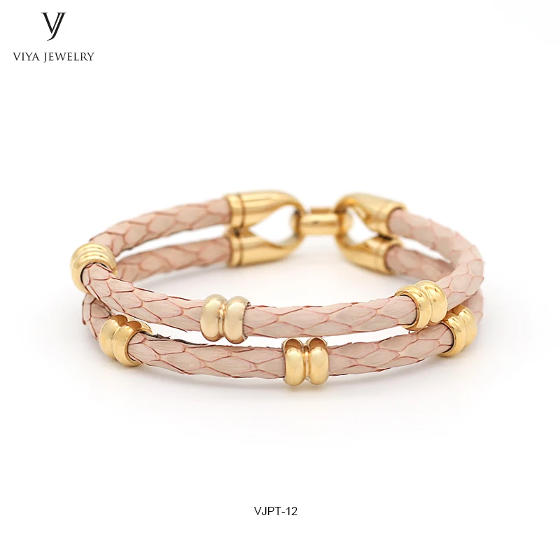 GENUINE PYTHON LEATHER MEN BRACELET WITH GOLD COLOR STAINLESS STEEL BEADS CLASP,BEST GIFT FOR MATCH UP WATCH (3)