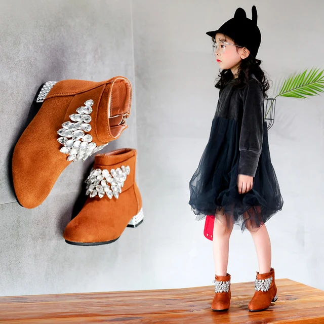 Girls boots new trend high heels princess water drill leather shoes