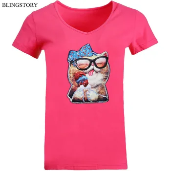 

BLINGSTORY Women Oversized T Shirt V-neck Sequin Cat Print Streetwear Cotton Tops Tees Female Short Sleeve Plus Size Tee S-6xl