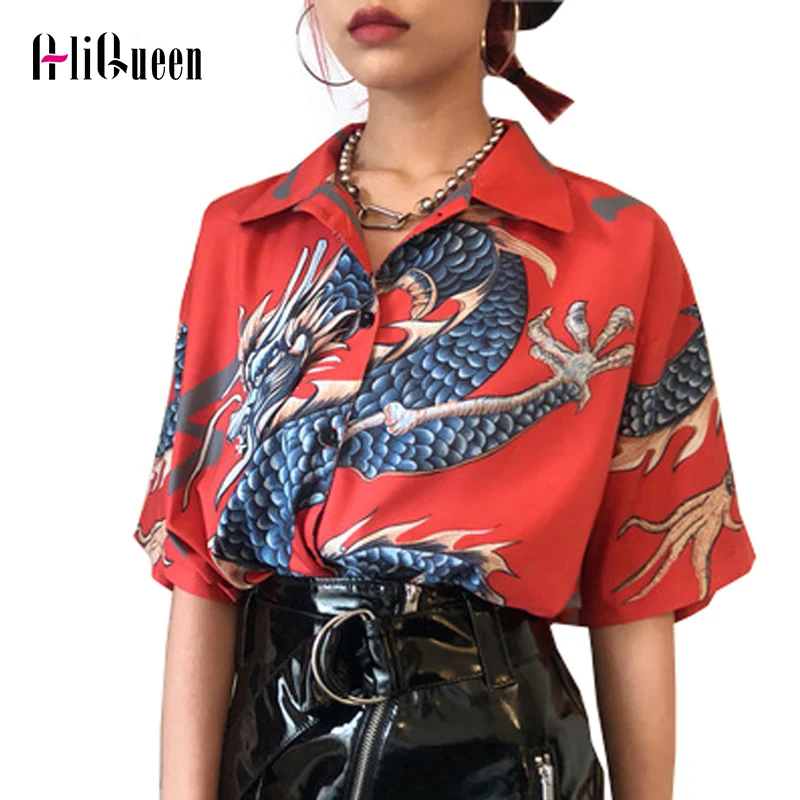 

Harajuku Women Retro Half Sleeve Tops Blouse Female Dragon Print Tops 2019 Summer Casula Button Blouses Shirts Streetwear