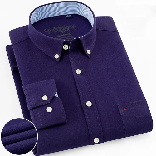 Мужская однотонная оксфордская рубашка с длинным рукавом, с левым нагрудным карманом, Высококачественная Мужская Повседневная рубашка на пуговицах - Цвет: Фиолетовый