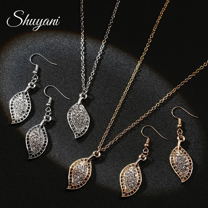 

New Fashion Jewelry Set Rhinestone Dangle Earrings Necklace Hollow Leaf Pendant Choker Chain Necklaces Women Party Jewelry