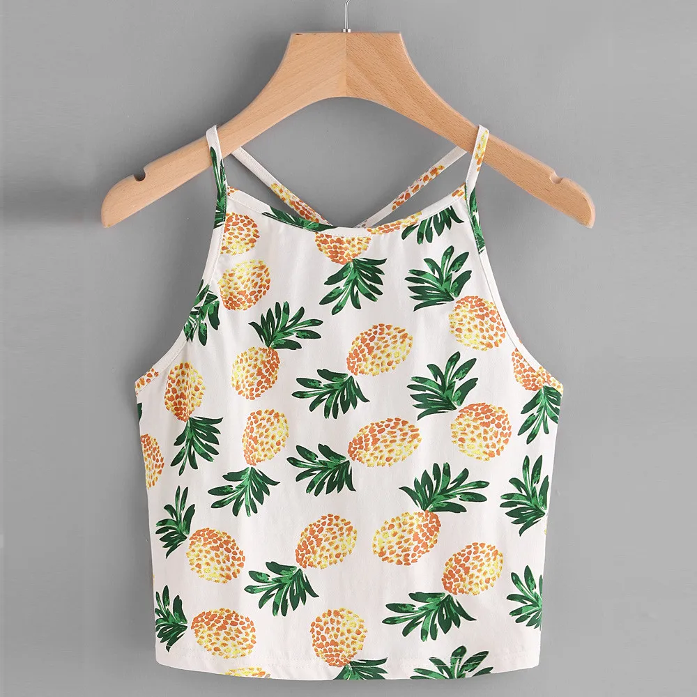 

Summer 2019 Women Fashion Pineapple Print Tank Top Summer Sexy Short Halter Top Party Tops For Women Croptops haut femme
