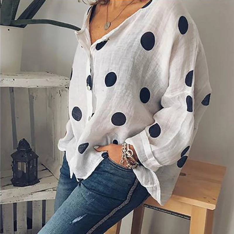 

Women Polka Dot Print Shirt Casual Loose V-neck Blouse Summer Plus Size Blouses