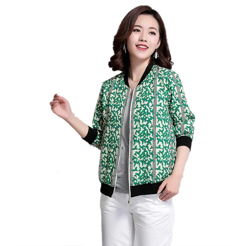 spring jacket women short baseball collar print tops thin green pink