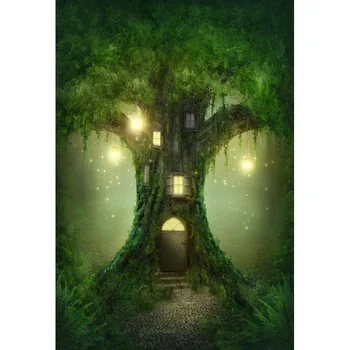 

Photography Background Wizard's Tree House Green Light Natural Forest Fairy Tale Backdrop Decor Photocall Backdrop Photo Studio
