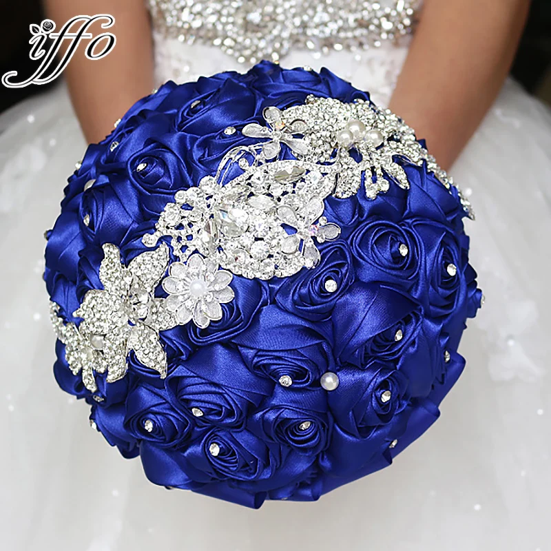 Синий Сапфир брошь букет Шелковый невесты свадебные Букеты Свадебные невесты Королевский синий цвет ткани розы настраиваемые diamond букеты