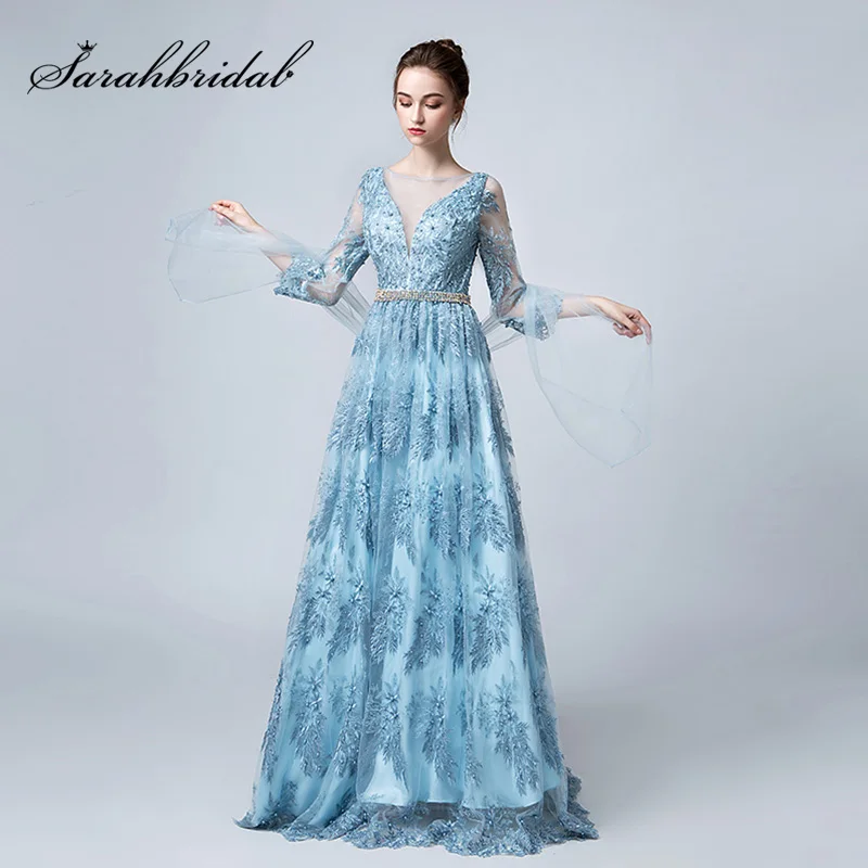 

New Arrival Charming Tulle A-line Evening Dress with Sky Blue Lace Appliques with Pearl Three Quarter Sleeve Prom Party Gown 544