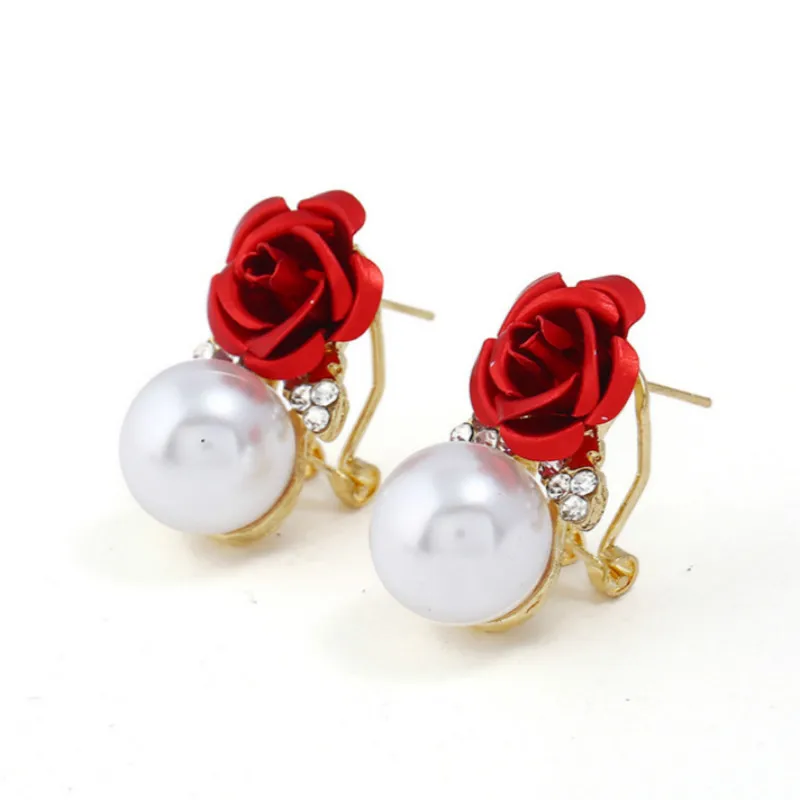 

Fashionable Beautiful Iron Rose Flower Ear Ring Crystal Pearl Earring Stud Clip Earrings for Women Accessories Jewelry Duftgold