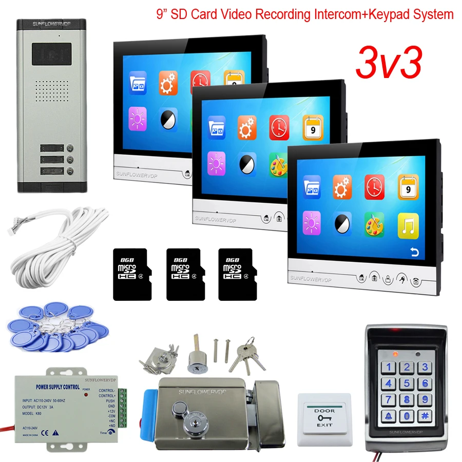 Access Control Keyboard System 3 Apartments Home Phone With Lock 9\ Color 8GB SD Card Recording House Intercom Rfid Cards Kit