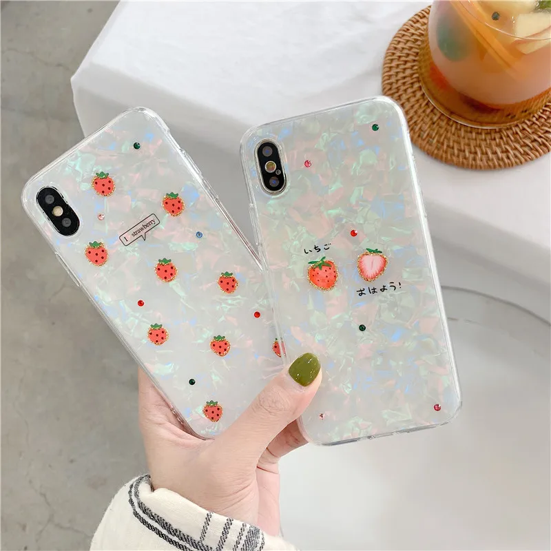 

Glitter Diamond Fresh Strawberry Coque for Iphone Xr Case Drop Glue Conch Shell Cover for Iphone 8 7 6 6S Plus X Xs Max Case