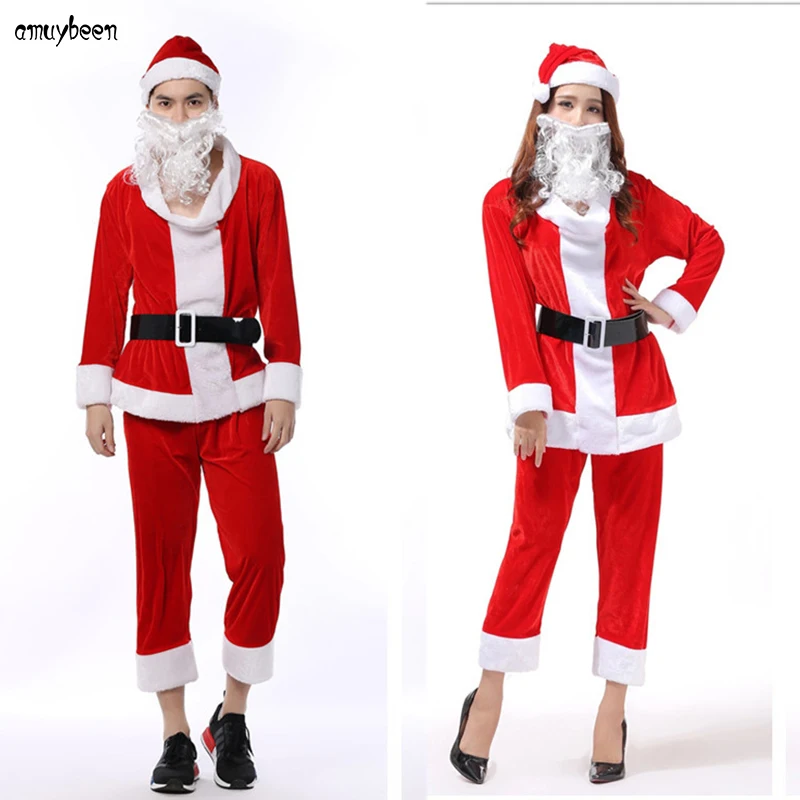 Рождественские костюмы Санта-Клаус Косплей для взрослых мужчин и женщин красный вельветовый костюм шляпа борода Униформа ролевые рождественские костюмы