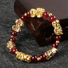 Nuevo estilo amarillo piedra pulsera pixiu Vintage 3D rojo granate cuentas Feng Shui suerte valiente riqueza pulsera para los hombres y las mujeres brazaletes