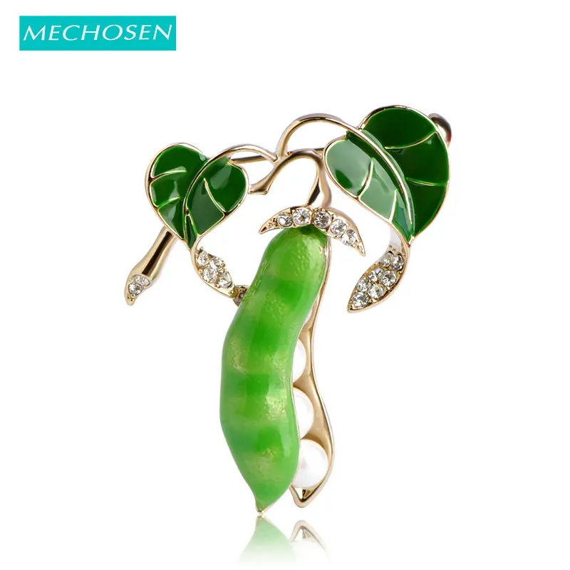 

MECHOSEN Enamel Green Pea Brooches For Women Men Simulated-pearl Crystal Brooch Pins Scarf Dress Hats Wedding Decoration Jewelry
