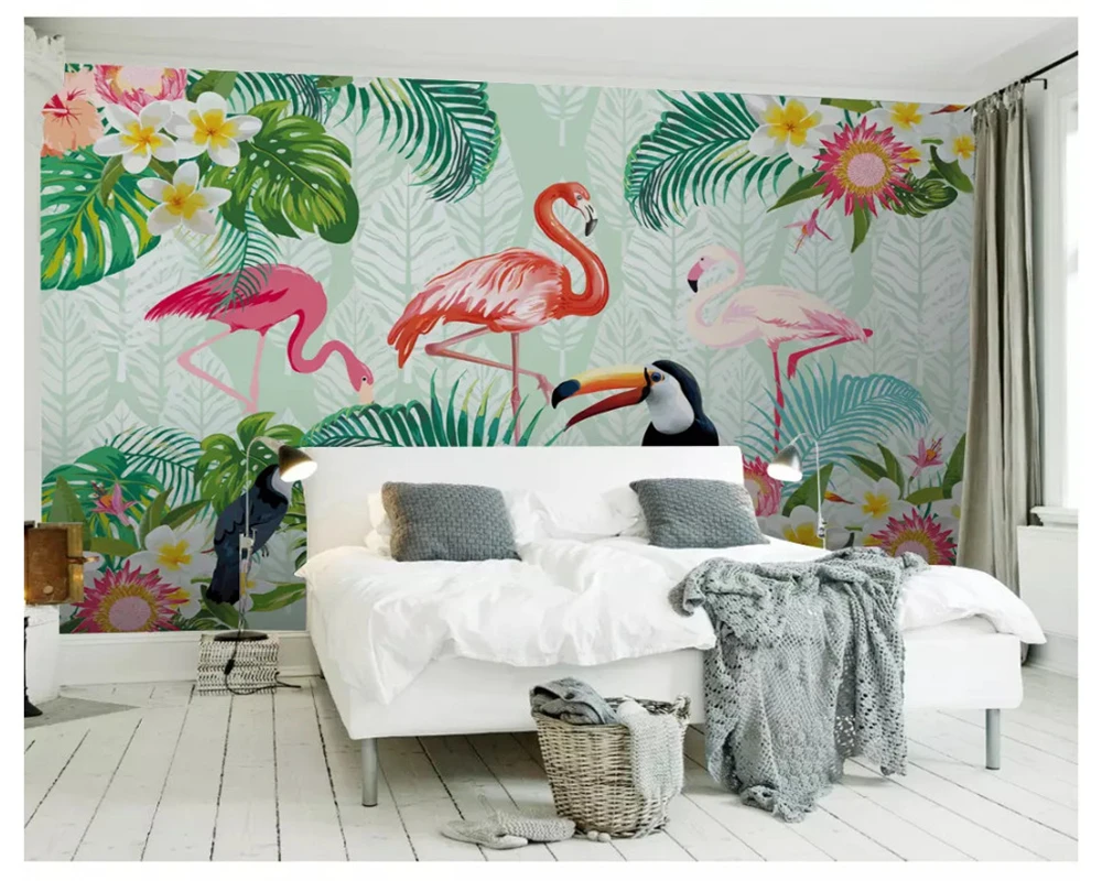 Beibehang personalizado estéreo moda papel de pared planta tropical parrot flamingo interior Fondo papel de pared 3d wallpaper behang