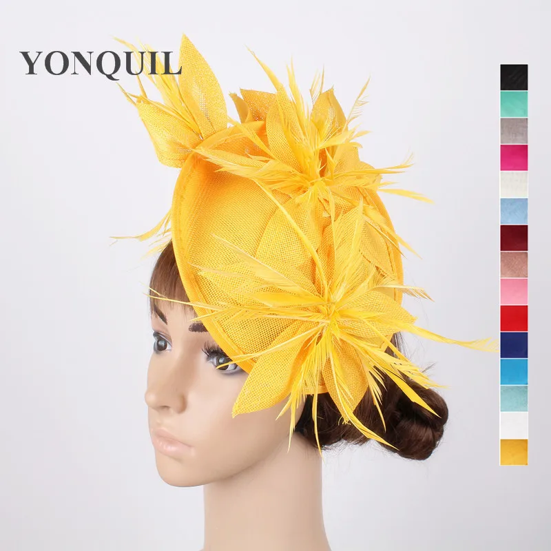 

Yellow wedding fascinator hats flower hair accessories ladies kentucky derby hat fascinator headbands with feathers or 16 Colors