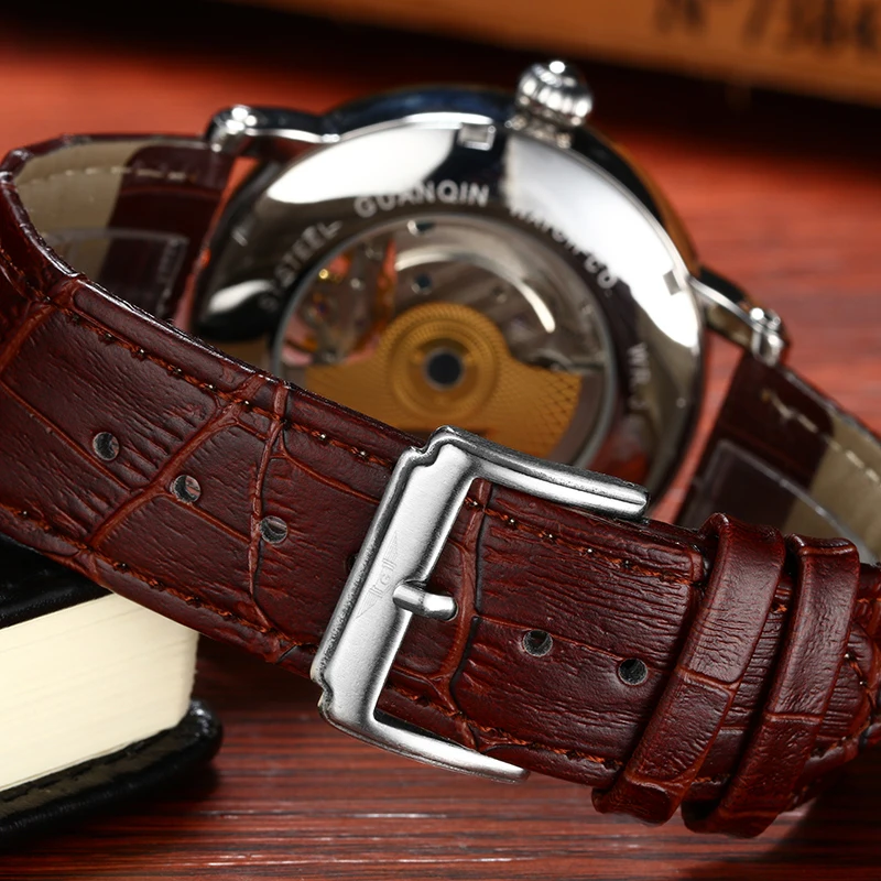 Натуральная GUANQIN Элитный бренд Tourbillon Skeleton световой часы мужские повседневные