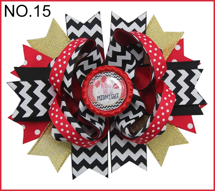 

free shipping 50pcs New Year hair Bow Happy New Year hair clips girl hair accessories Holiday bow gold and black hair bows