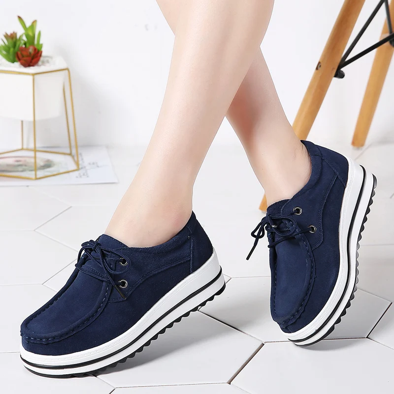 Primavera zapatillas de plataforma para mujer, zapatos informales de de cuero con encaje de gamuza, Chaussure Femme Flats Creepers Woman 526 - AliExpress Calzado