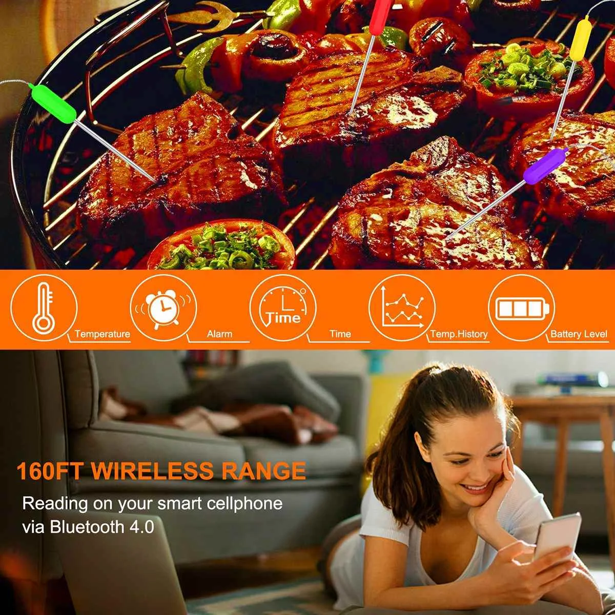 Цифровой беспроводной bluetooth 4,0 термометр для барбекю с 6 зондами bluetooth контроль приготовления пищи таймер Духовка Гриль для мяса кухонный инструмент