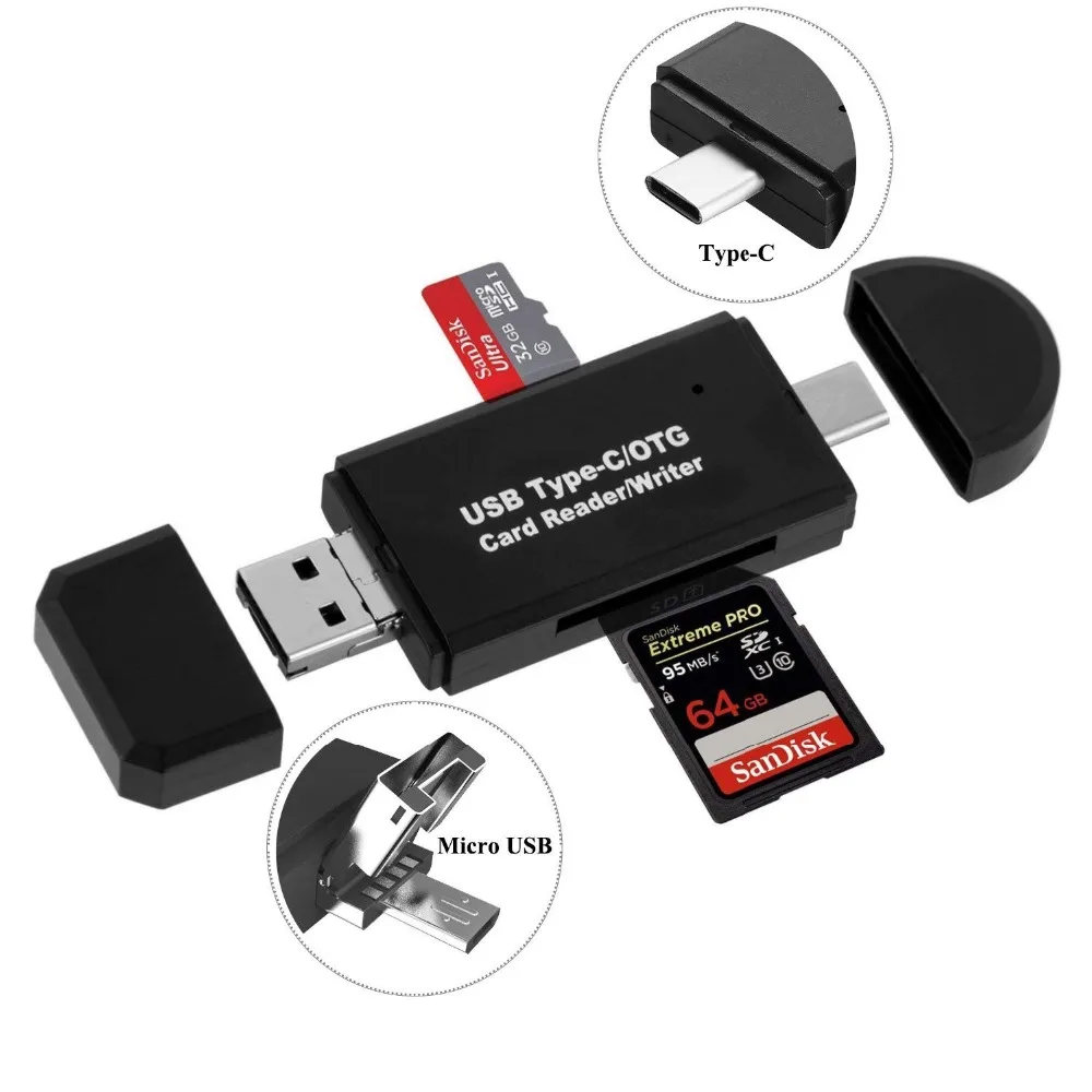 3 в 1 Micro USB к usb type C OTG адаптер для карт USB 2,0 считыватель карт памяти для SDXC, SDHC, SD, Micro SD, Micro SDXC, Micro SDHC