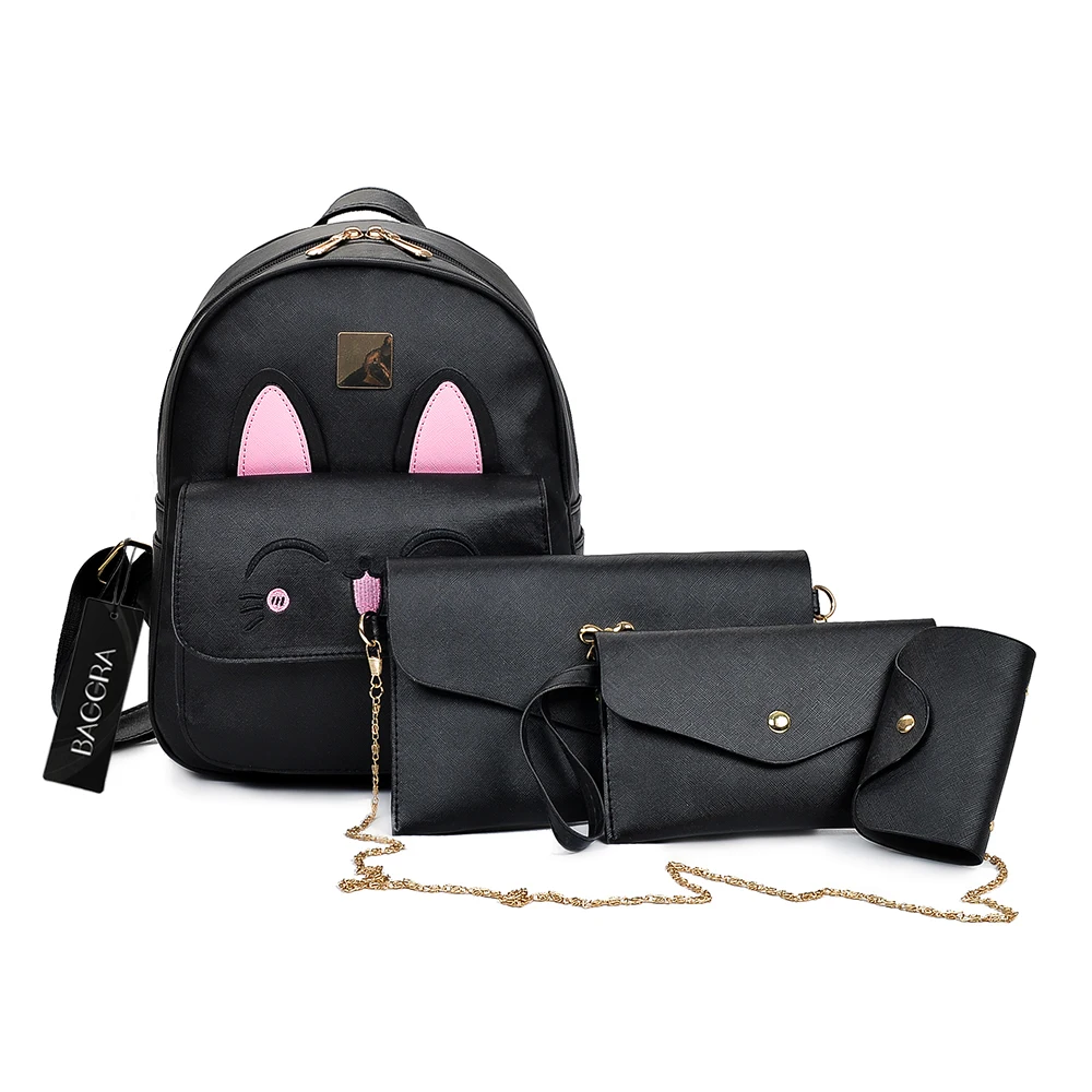 

2018 New Women Girls Female Cute Causal Backpack 4 Piece Set PU Leather Rabbit Ear Casual Student Teenagers Schoolbag Purse