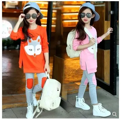 

Spring girl suit children fashion spring 2019 new style fashionable T-shirt+pants girls sport pullover 4-13T fox cute trousers
