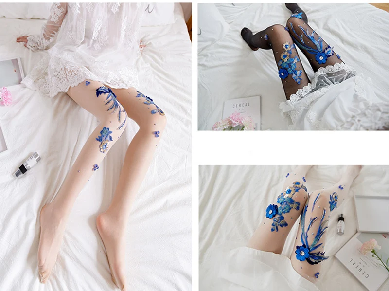 Ручная вышивка цветок стиль вишня голубая Чаровница узор анти-крюк шелковые носки с масками комбинезон с носками женский
