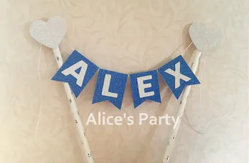 

New Personalised Baby Boy Name Cake Bunting Shower Blue Cake Topper Banner Hot 1st Birthday Silver Heart Smash Cake Flag Decor