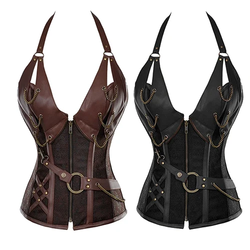 

Women's Fashion Deep V Baroque Bone Halter Buckle Steampunk Belt Corset Tops
