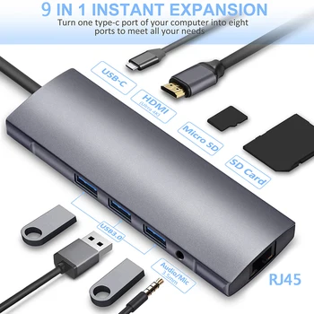 

9 in 1 Type-C To HDMI RJ45 3USB3.0 TF SD AUDIO PD Multifunctional Hub For Adapter USB HUB Card Reader for Macbook Samsung Xiaomi
