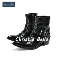 Кристиа Белла, мужские ботильоны из натуральной кожи в стиле панк мужские ковбойские ботинки с острым носком в стиле милитари Стильная мужская обувь с высоким берцем и ремешком