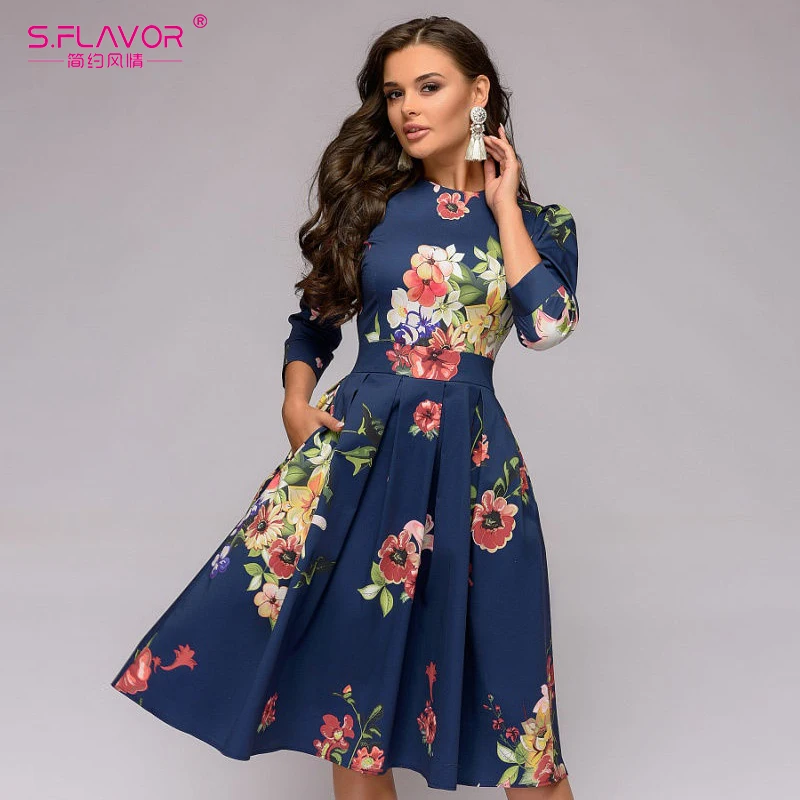 Женское винтажное платье с цветочным принтом S.FLAVOR элегантное облегающее