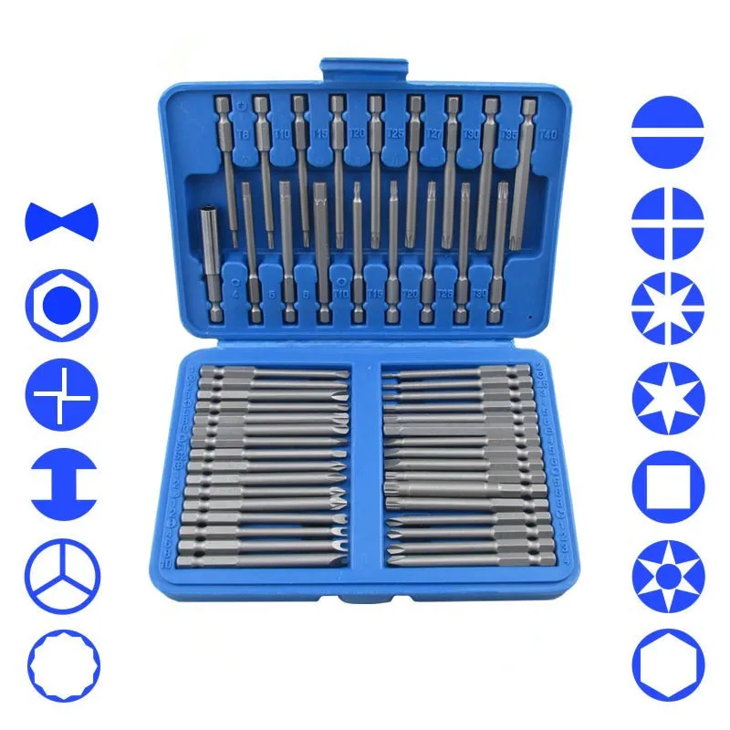 Günstig 50 stück Extra Lange Bit Set Torx Stern Hex Pozi Phillips Schlitz schraubendreher Hand Tool Set Cr V 75mm Länge