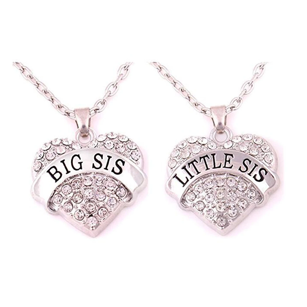 Big Sis Little Sis Necklace With Big Clear Stone Heart