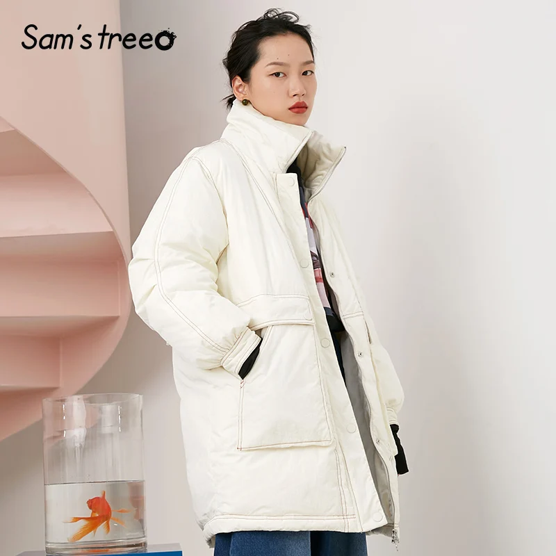 

Samstree White Pocket Straight Line Warmness Down Coat Women 2019 Winter Blue Bishop Sleeve Loose Female Oversized Jackets