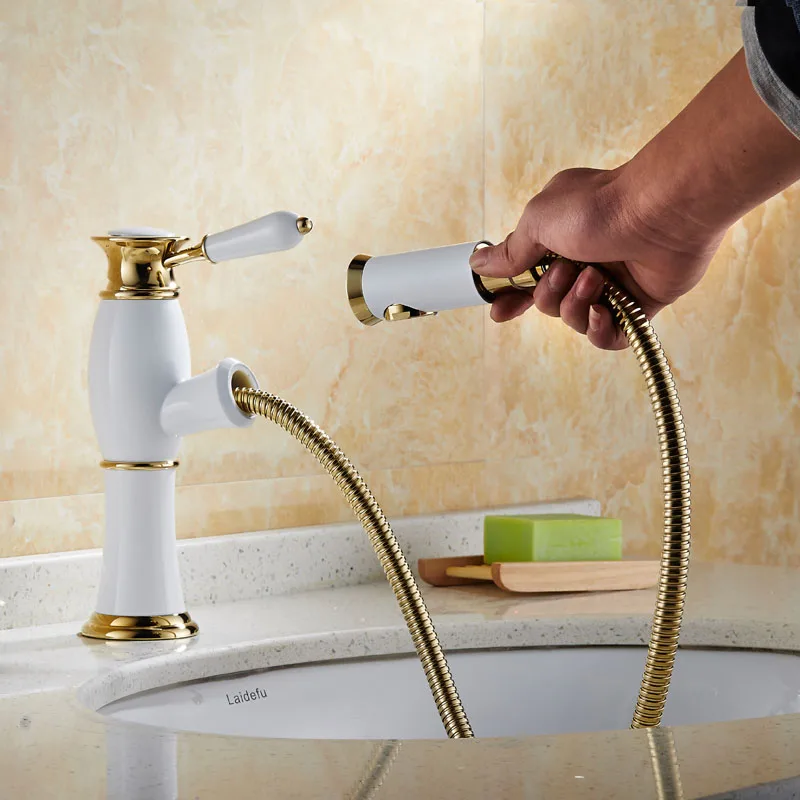 Luxury White & Golden Single Lever Brass Pull Out Bathroom Vessel Sink Faucet Deck Mounted Pull