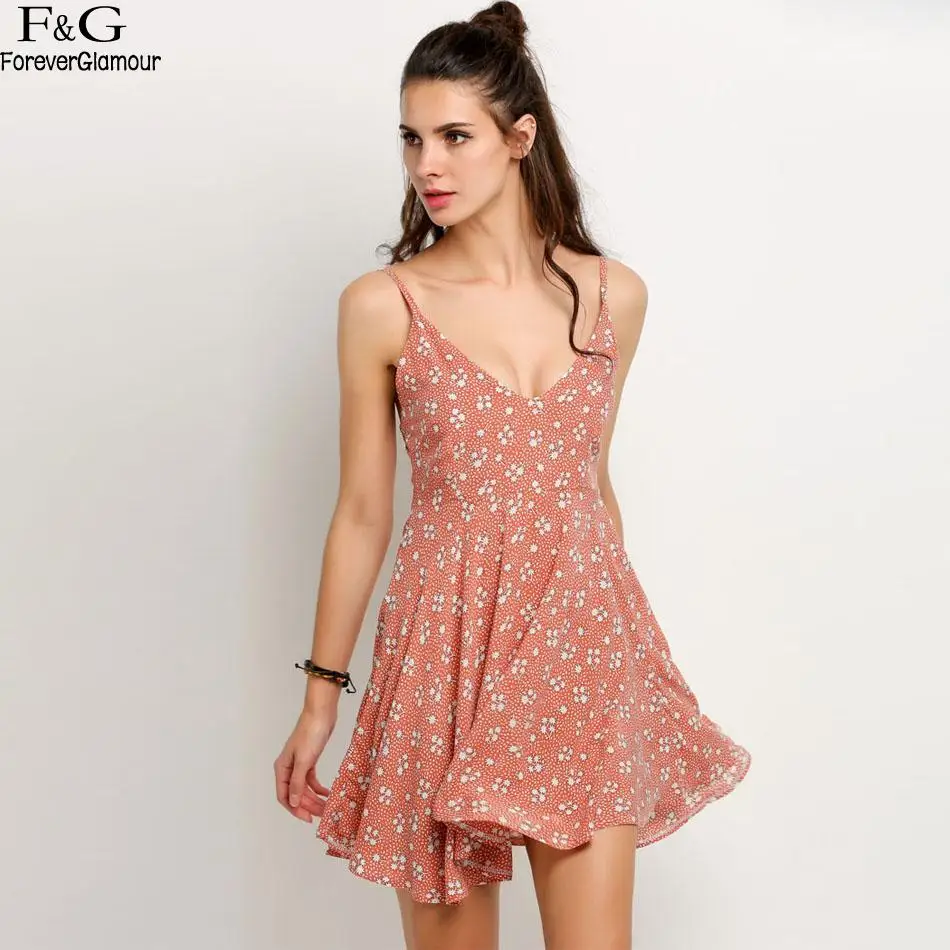 Платье Спагетти ремень v образным вырезом Backless Print A Line Mini women|Платья| |
