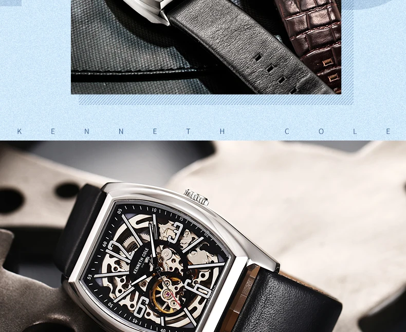 Kenneth Cole мужские деловые часы с черной кожаной пряжкой и большим квадратным циферблатом, автоматические часы класса люкс KC1750