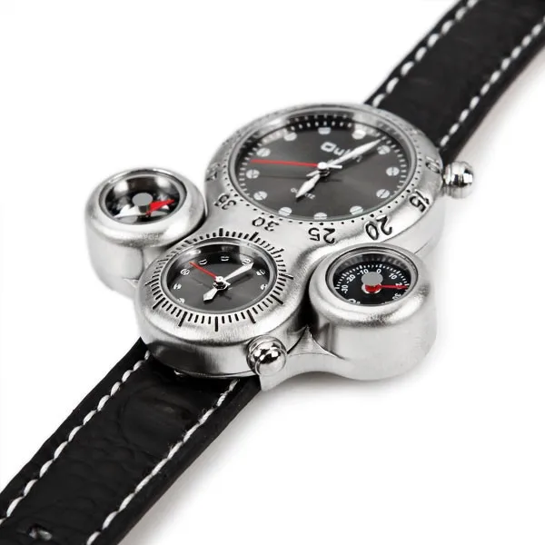  OULM Brand Men's Military Watch with Dual Movement Compass and Thermometer Function Brown Dial Leat
