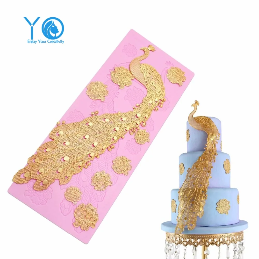 

385mm*160mm Peacock Moldes Silicone Lace Mat Fondant Molds Cake Decorating Tools Baking Tools For Cakes Pastry Tools