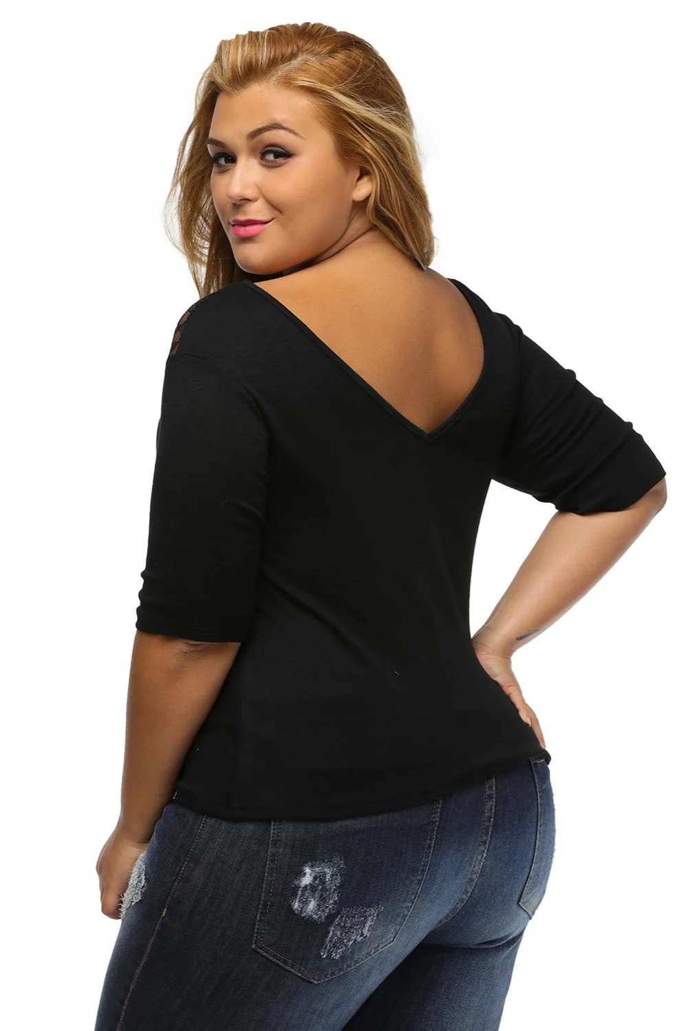 Plus-Off-Shoulder-V-Lace-Neckline-Spliced-Curve-3-4-Sleeve-Top-LC25914-2-6