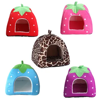 

High Quality Soft Dog House Foldable Strawberry Shape Lovely Kennel Warm Portable Corduroy Cute Cat bed Nest For Small Medium