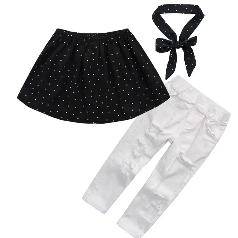 R& Z/ г. Новые летние модные комплекты одежды для девочек черная блузка из 3 предметов Топ и рваные повседневные джинсы и одежда с воротником